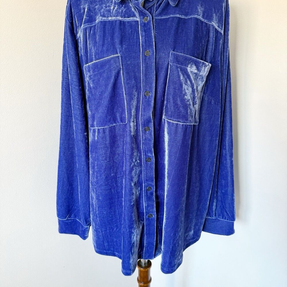 Cato Shirt Long Sleeve Button Up Velour Crushed Velvet Blouse Blue 22/24W 3X - Picture 10 of 16